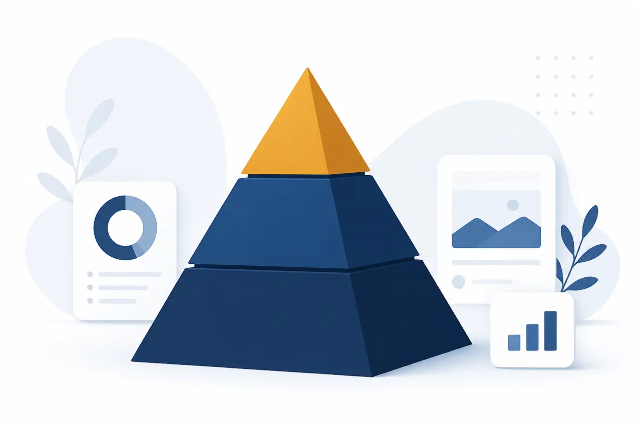 Pyramide de stratégie netlinking : volume bas en bas, mix au milieu, signal d’autorité en haut