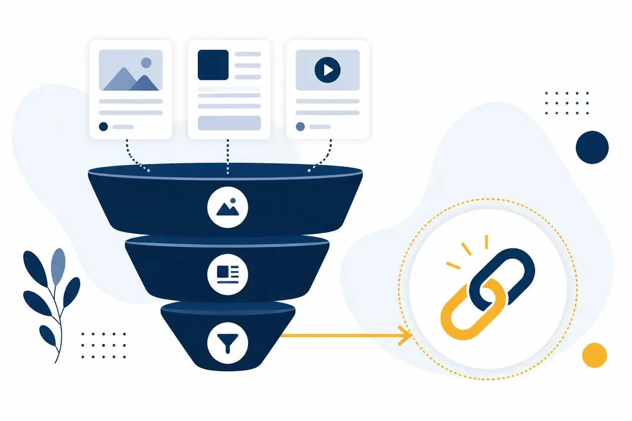 Le funnel content marketing B2B SaaS combiné au netlinking : top funnel articles SEO, mid funnel études cas, bottom funnel comparatifs