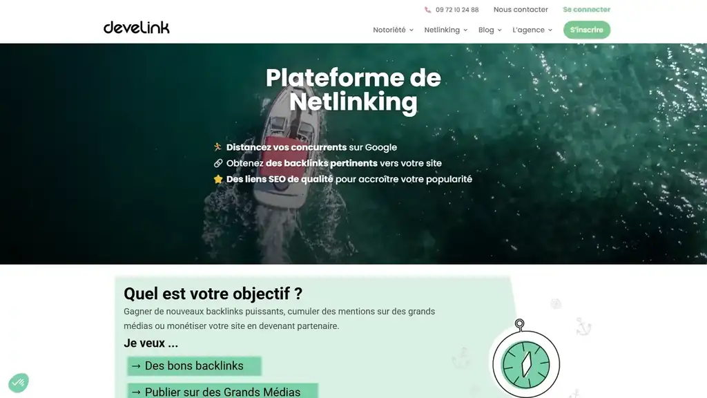 Page d’accueil de Develink, plateforme de netlinking