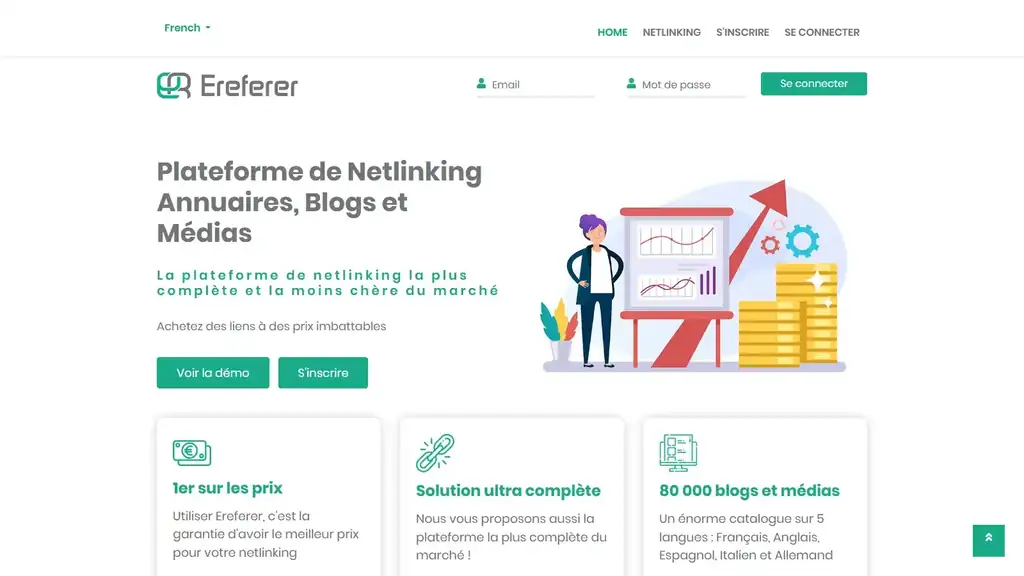Page d’accueil d’Ereferer, plateforme de netlinking