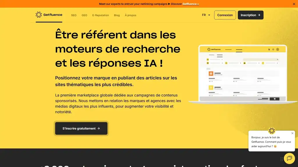 Page d’accueil de getfluence, plateforme de netlinking