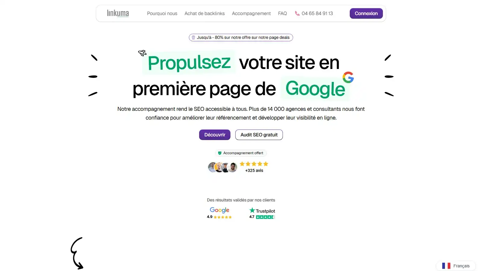 Page d’accueil de Linkuma, plateforme de netlinking