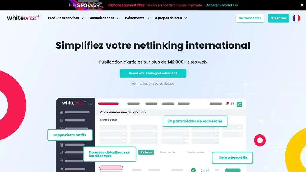 Page d’accueil de WhitePress, plateforme de netlinking
