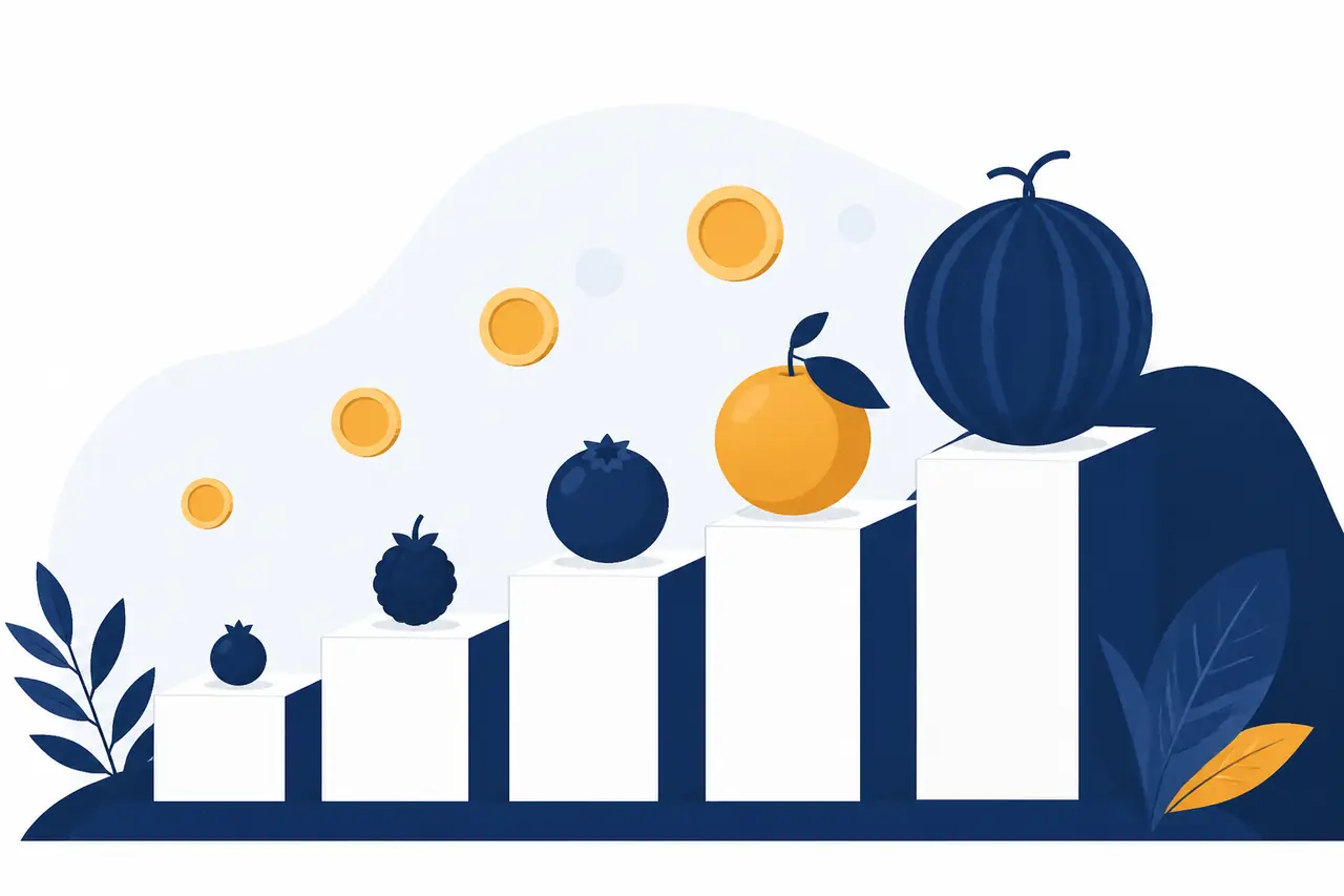 Système JuiceFlow SemJuice : sept catégories de fruits avec leur fourchette de prix